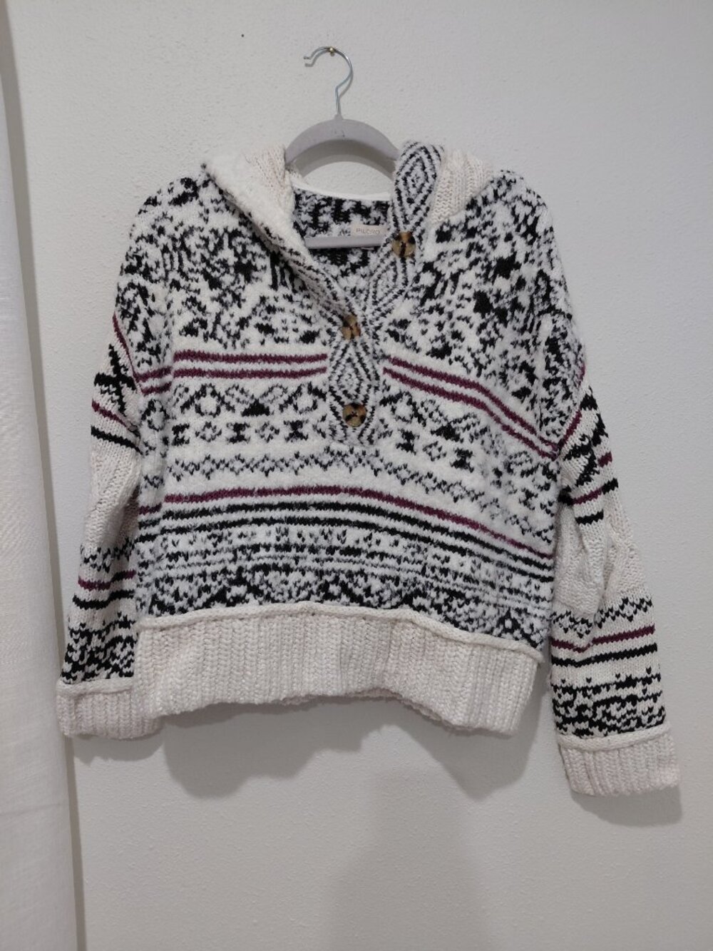 Pilcro Fair Isle Nordic Sweater Hood Relaxed Boho Small Wool Cotton Nylon - Picture 2 of 7